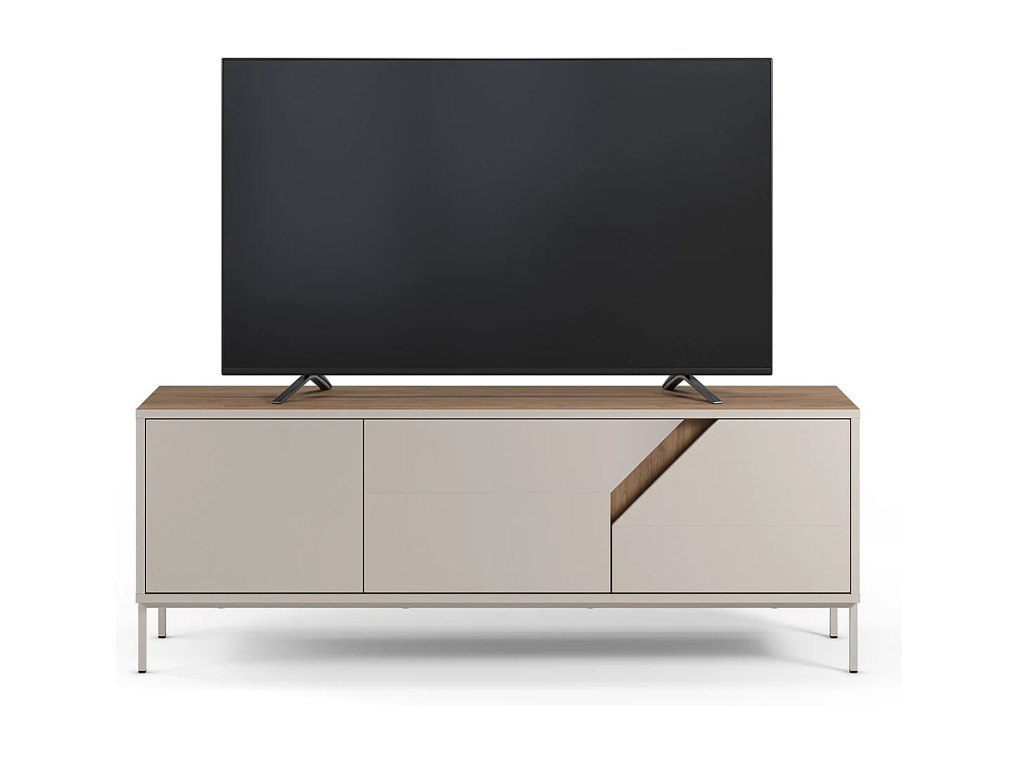 Meuble TV, Meuble de salon avec 3 portes aspect bois coloris chêne, crème - Longueur 150 x Profondeur 35 x Hauteur 55 cm