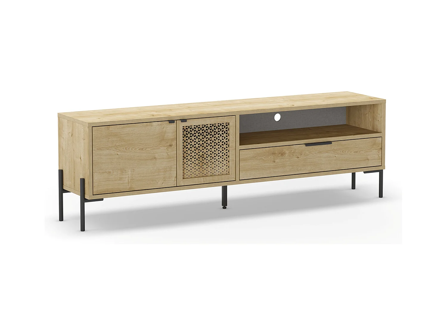 Meuble TV, Meuble de salon rectangulaire aspect bois coloris chêne et métal coloris noir  - Longueur 164 x Profondeur 35 x Hauteur 50,50 cm