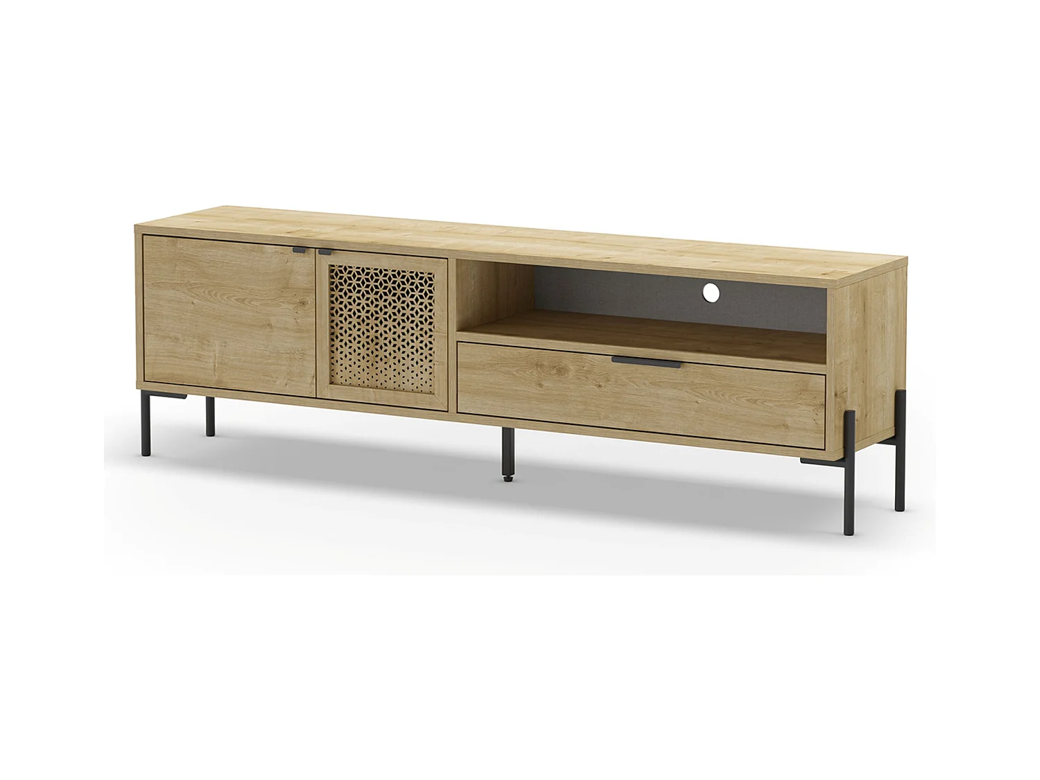 Meuble TV, Meuble de salon rectangulaire aspect bois coloris chêne et métal coloris noir  - Longueur 164 x Profondeur 35 x Hauteur 50,50 cm