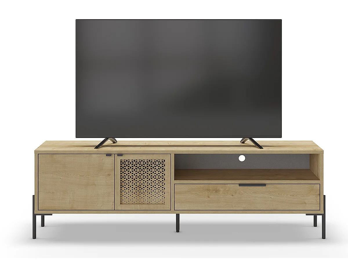 Meuble TV, Meuble de salon rectangulaire aspect bois coloris chêne et métal coloris noir  - Longueur 164 x Profondeur 35 x Hauteur 50,50 cm