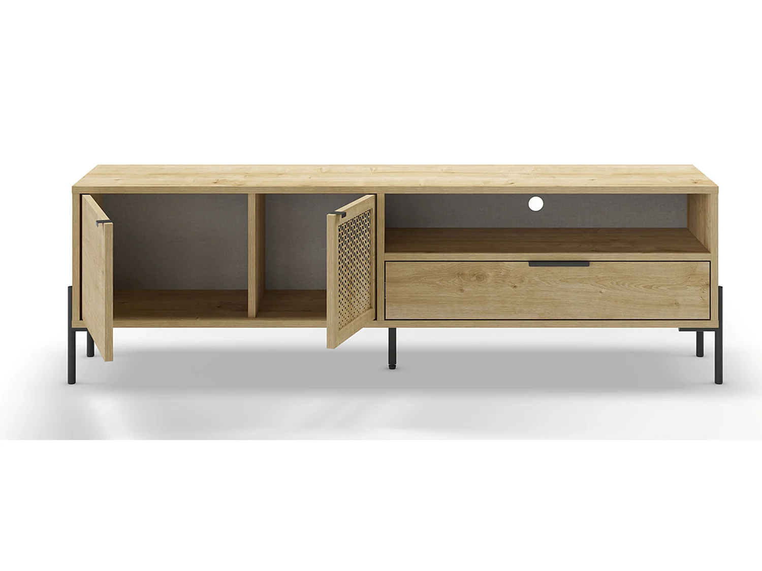 Meuble TV, Meuble de salon rectangulaire aspect bois coloris chêne et métal coloris noir  - Longueur 164 x Profondeur 35 x Hauteur 50,50 cm