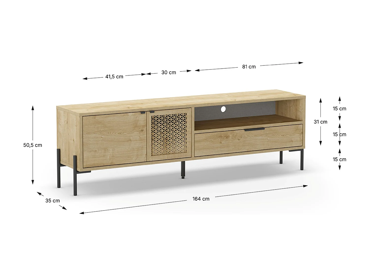 Meuble TV, Meuble de salon rectangulaire aspect bois coloris chêne et métal coloris noir  - Longueur 164 x Profondeur 35 x Hauteur 50,50 cm