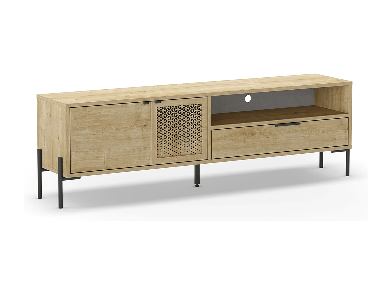 Meuble TV, Meuble de salon rectangulaire aspect bois coloris chêne et métal coloris noir  - Longueur 164 x Profondeur 35 x Hauteur 50,50 cm