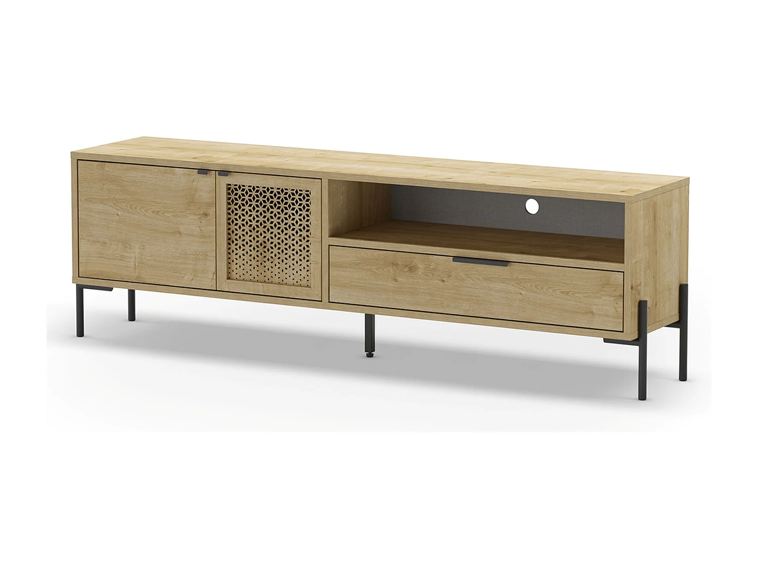 Meuble TV, Meuble de salon rectangulaire aspect bois coloris chêne et métal coloris noir  - Longueur 164 x Profondeur 35 x Hauteur 50,50 cm