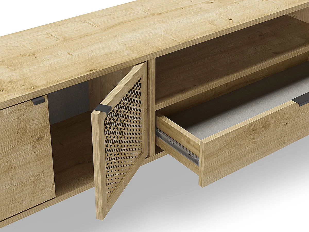 Meuble TV, Meuble de salon rectangulaire aspect bois coloris chêne et métal coloris noir  - Longueur 164 x Profondeur 35 x Hauteur 50,50 cm