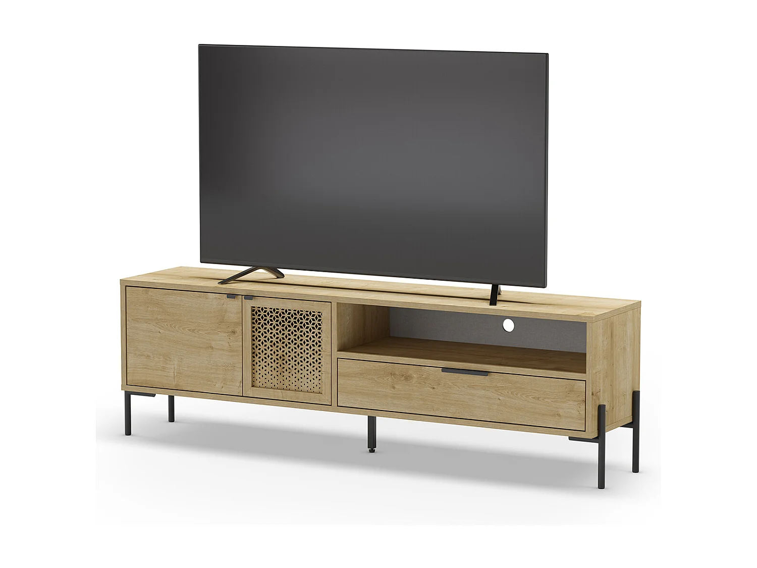 Meuble TV, Meuble de salon rectangulaire aspect bois coloris chêne et métal coloris noir  - Longueur 164 x Profondeur 35 x Hauteur 50,50 cm