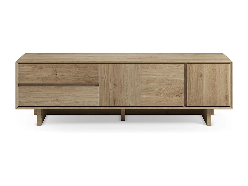 Meuble TV, meuble de salon avec 3 portes et 2 tiroirs aspect bois coloris chêne - Longueur 180 x Profondeur 45 x Hauteur 55,30 cm