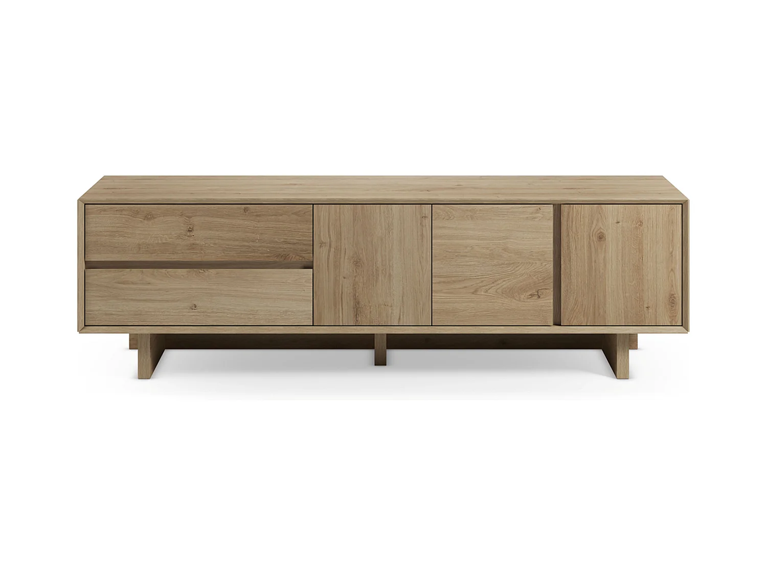 Meuble TV, meuble de salon avec 3 portes et 2 tiroirs aspect bois coloris chêne - Longueur 180 x Profondeur 45 x Hauteur 55,30 cm