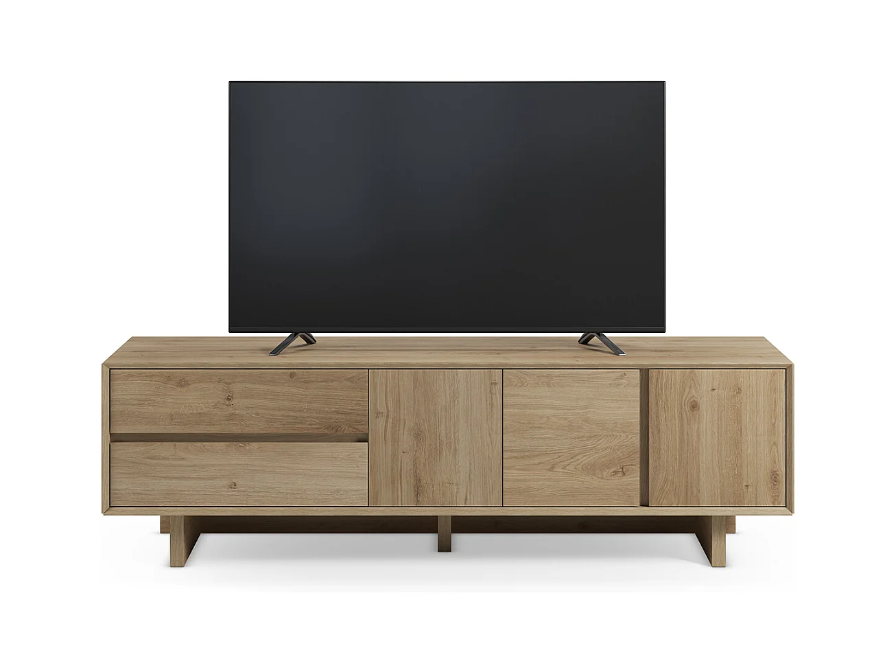 Meuble TV, meuble de salon avec 3 portes et 2 tiroirs aspect bois coloris chêne - Longueur 180 x Profondeur 45 x Hauteur 55,30 cm