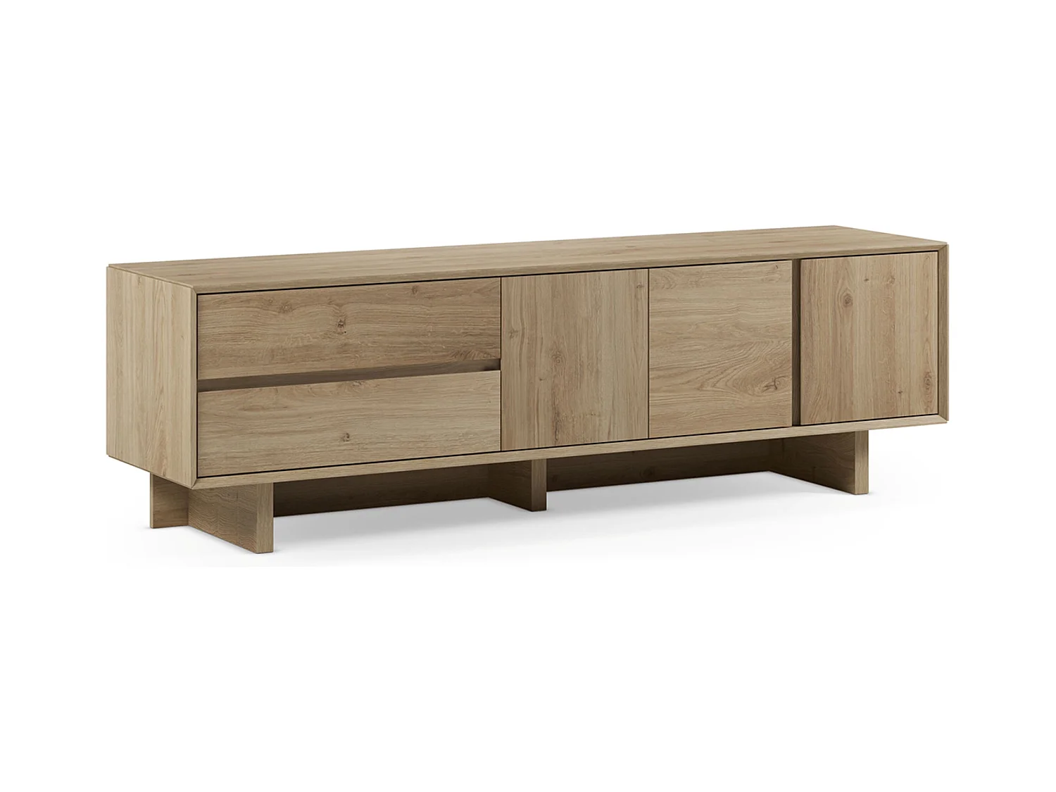 Meuble TV, meuble de salon avec 3 portes et 2 tiroirs aspect bois coloris chêne - Longueur 180 x Profondeur 45 x Hauteur 55,30 cm