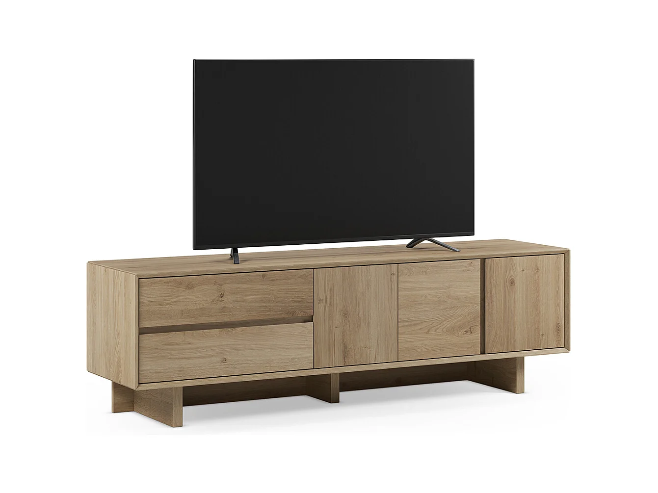 Meuble TV, meuble de salon avec 3 portes et 2 tiroirs aspect bois coloris chêne - Longueur 180 x Profondeur 45 x Hauteur 55,30 cm