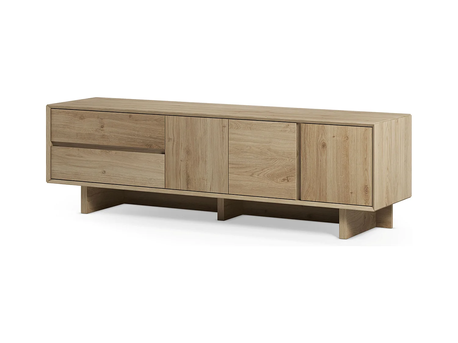 Meuble TV, meuble de salon avec 3 portes et 2 tiroirs aspect bois coloris chêne - Longueur 180 x Profondeur 45 x Hauteur 55,30 cm