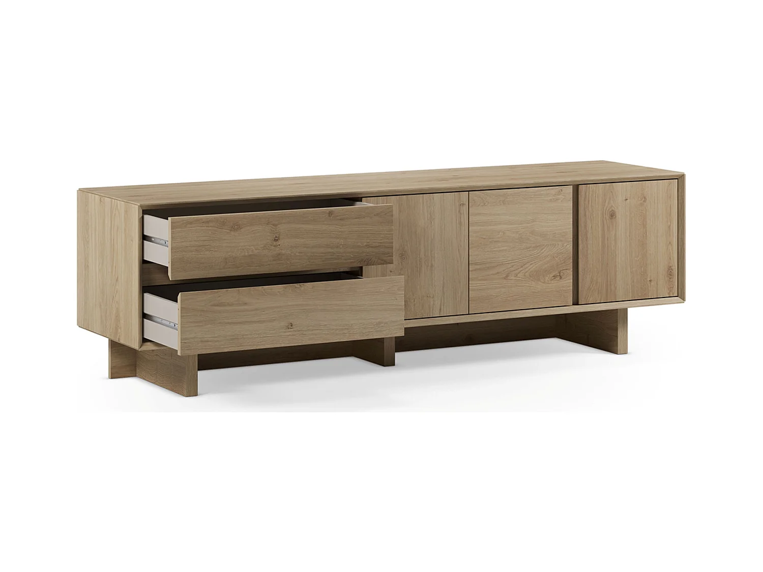 Meuble TV, meuble de salon avec 3 portes et 2 tiroirs aspect bois coloris chêne - Longueur 180 x Profondeur 45 x Hauteur 55,30 cm