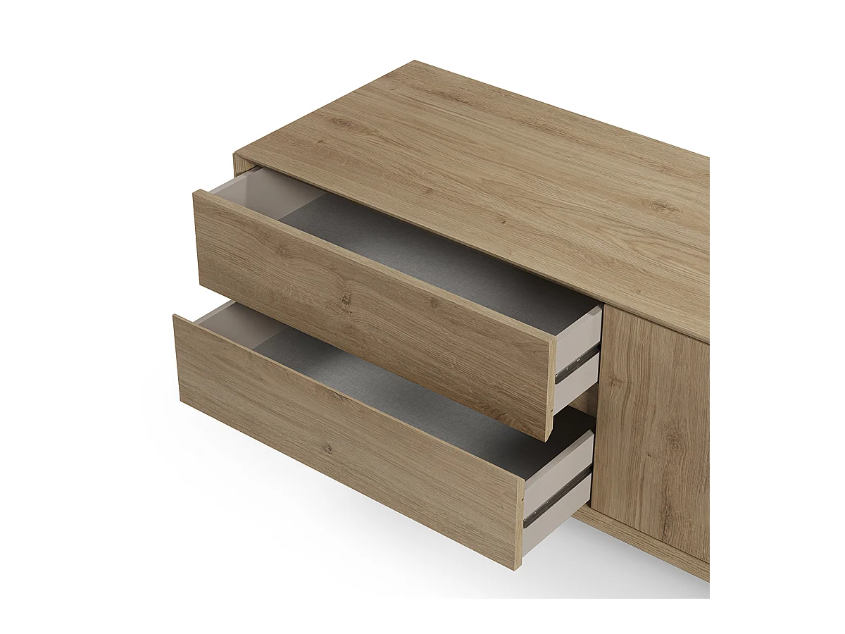 Meuble TV, meuble de salon avec 3 portes et 2 tiroirs aspect bois coloris chêne - Longueur 180 x Profondeur 45 x Hauteur 55,30 cm