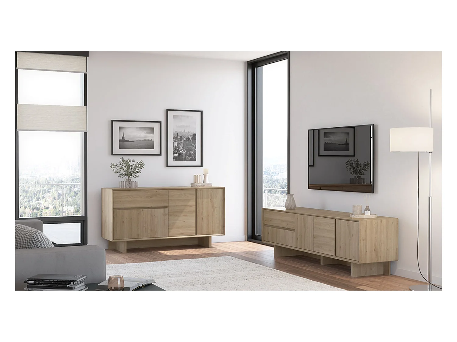 Meuble TV, meuble de salon avec 3 portes et 2 tiroirs aspect bois coloris chêne - Longueur 180 x Profondeur 45 x Hauteur 55,30 cm