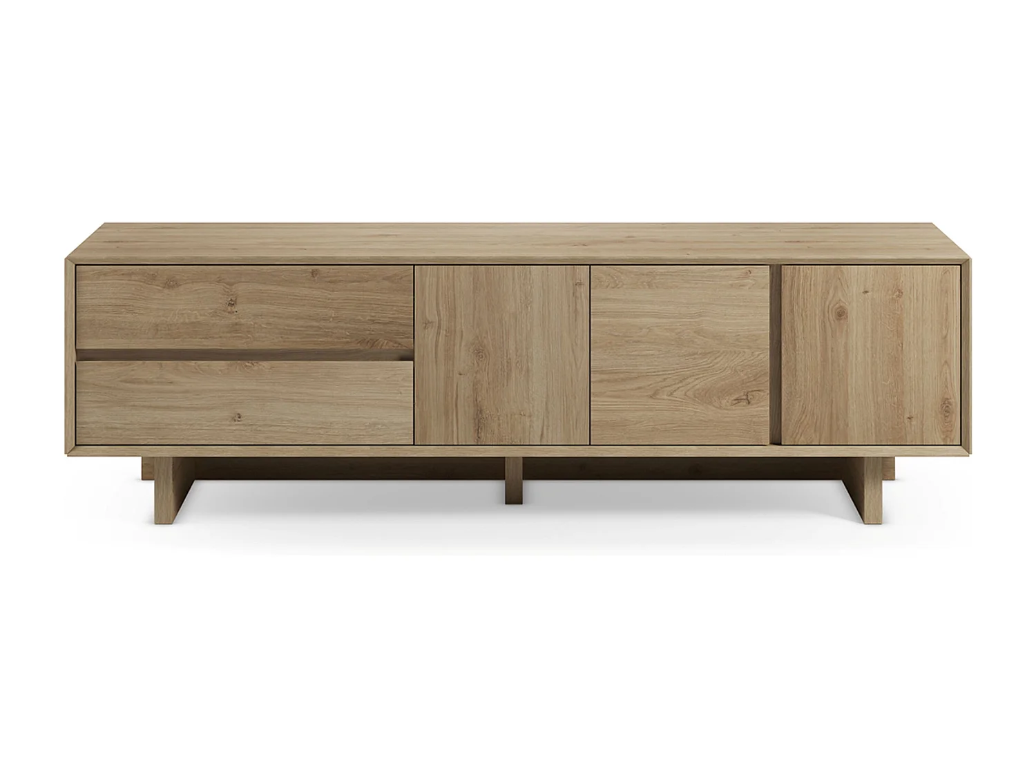 Meuble TV, meuble de salon avec 3 portes et 2 tiroirs aspect bois coloris chêne - Longueur 180 x Profondeur 45 x Hauteur 55,30 cm