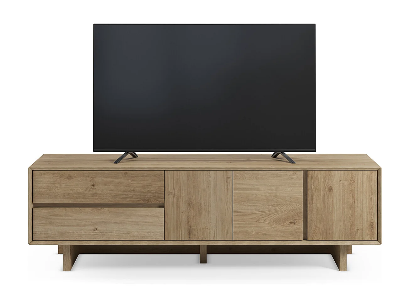 Meuble TV, meuble de salon avec 3 portes et 2 tiroirs aspect bois coloris chêne - Longueur 180 x Profondeur 45 x Hauteur 55,30 cm