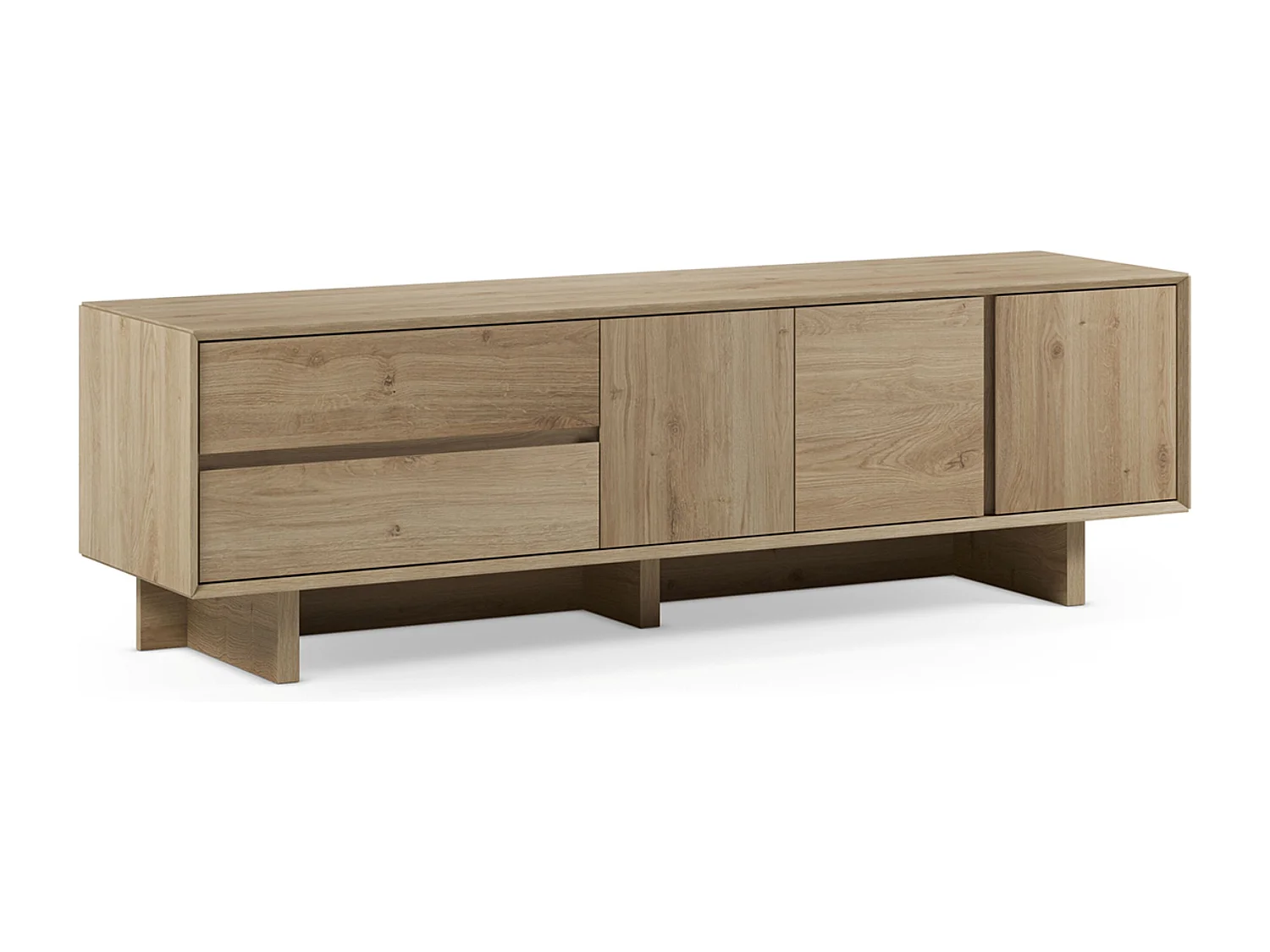 Meuble TV, meuble de salon avec 3 portes et 2 tiroirs aspect bois coloris chêne - Longueur 180 x Profondeur 45 x Hauteur 55,30 cm