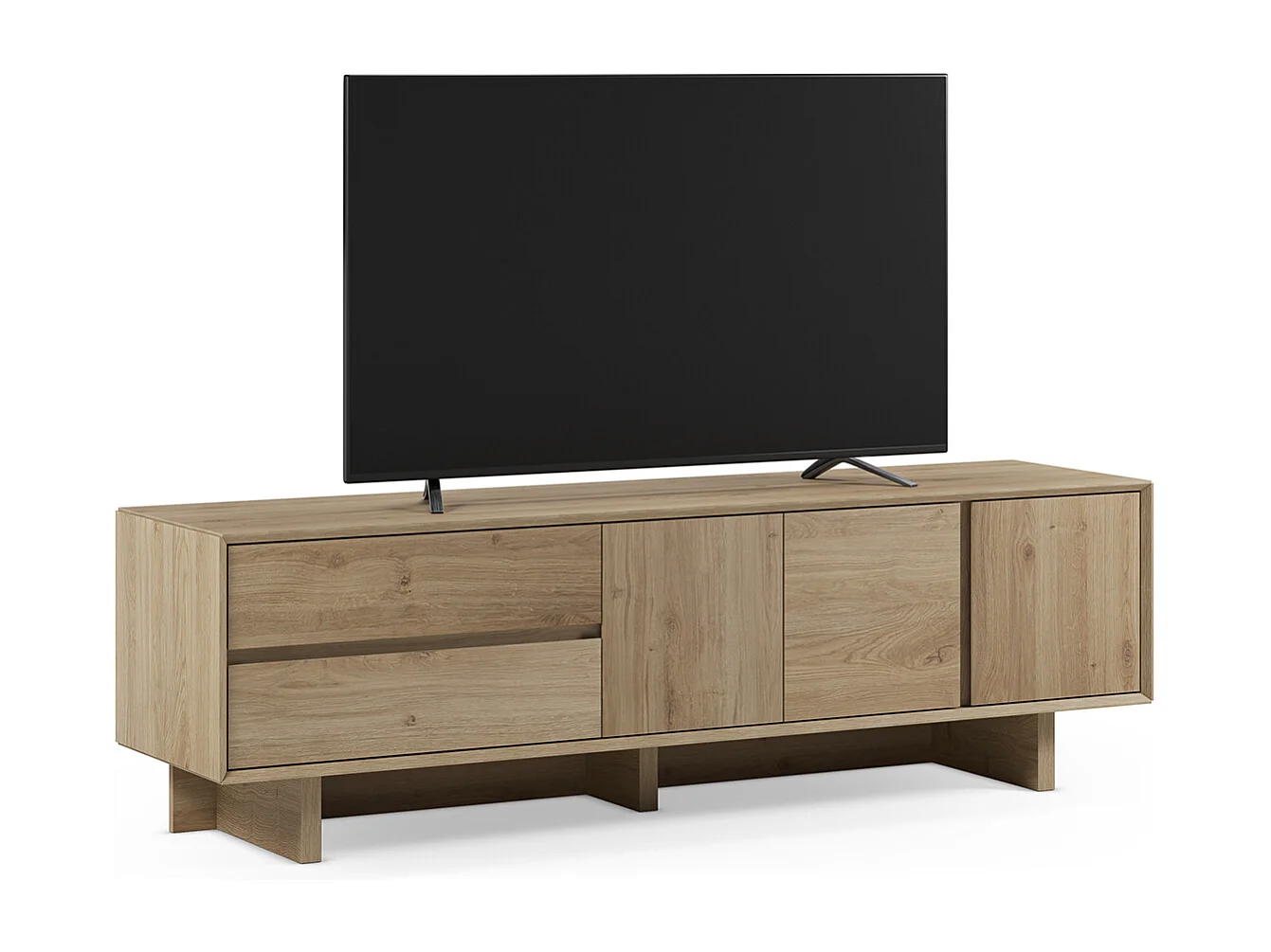 Meuble TV, meuble de salon avec 3 portes et 2 tiroirs aspect bois coloris chêne - Longueur 180 x Profondeur 45 x Hauteur 55,30 cm