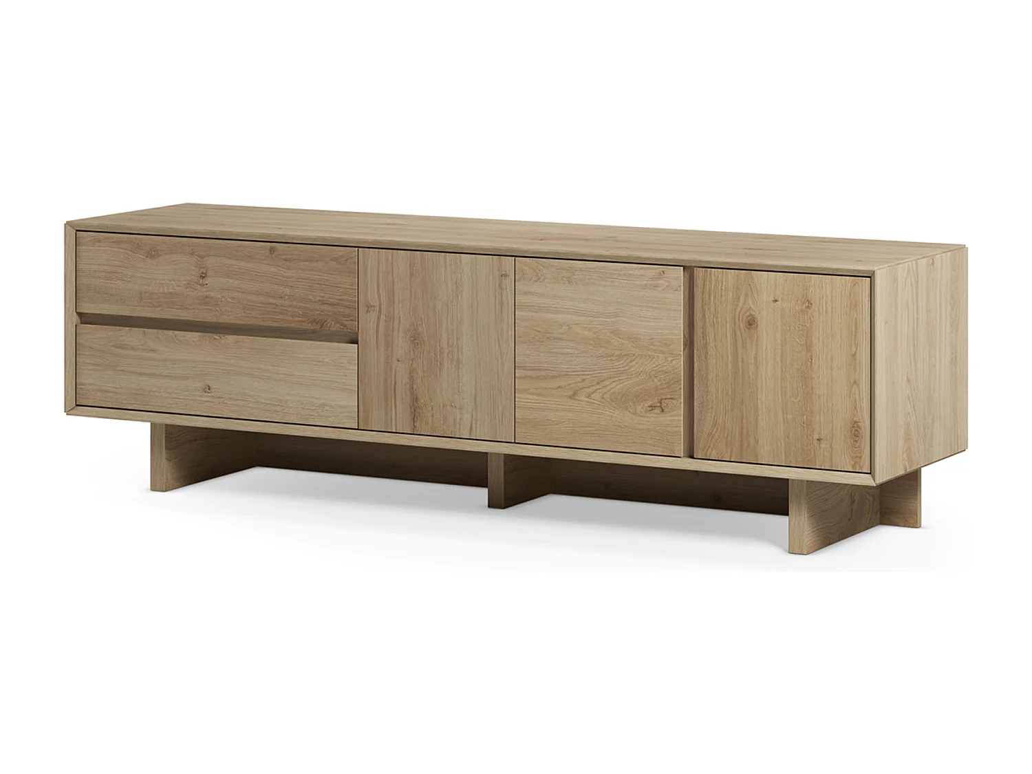 Meuble TV, meuble de salon avec 3 portes et 2 tiroirs aspect bois coloris chêne - Longueur 180 x Profondeur 45 x Hauteur 55,30 cm
