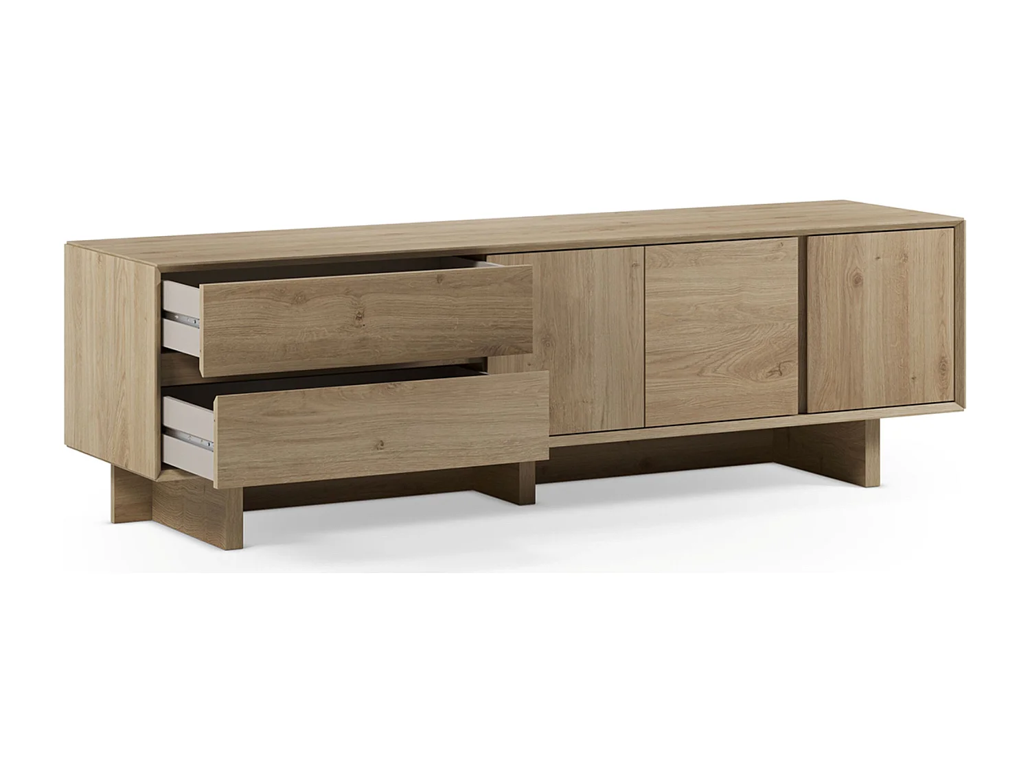 Meuble TV, meuble de salon avec 3 portes et 2 tiroirs aspect bois coloris chêne - Longueur 180 x Profondeur 45 x Hauteur 55,30 cm