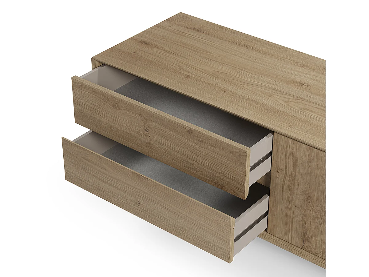 Meuble TV, meuble de salon avec 3 portes et 2 tiroirs aspect bois coloris chêne - Longueur 180 x Profondeur 45 x Hauteur 55,30 cm
