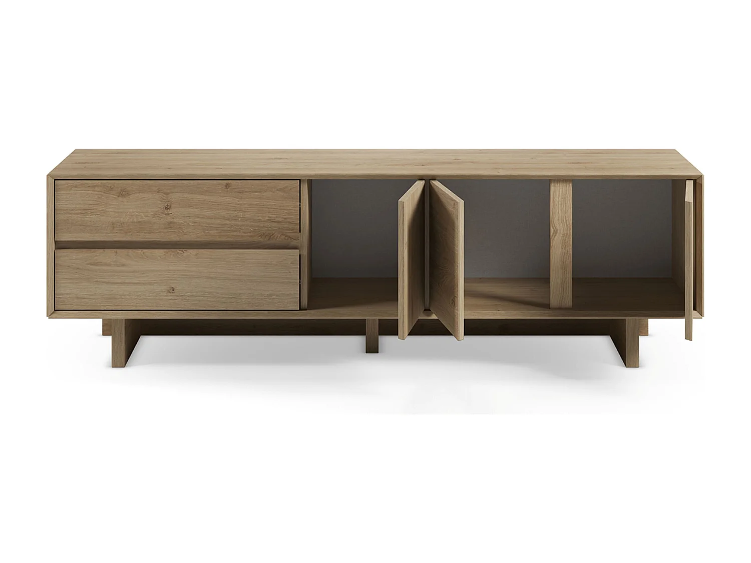 Meuble TV, meuble de salon avec 3 portes et 2 tiroirs aspect bois coloris chêne - Longueur 180 x Profondeur 45 x Hauteur 55,30 cm