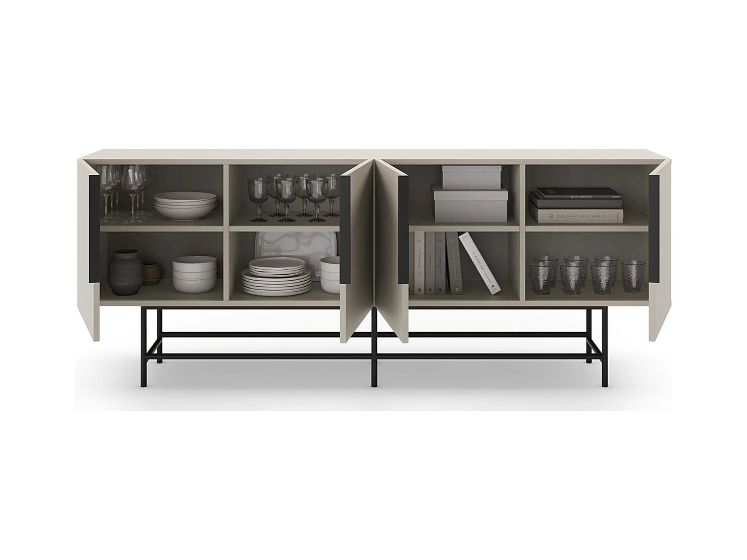 Meuble TV, Meuble de salon aspect bois coloris crème, pieds en métal noir - Longueur 200 x Profondeur 40 x Hauteur 77,90 cm