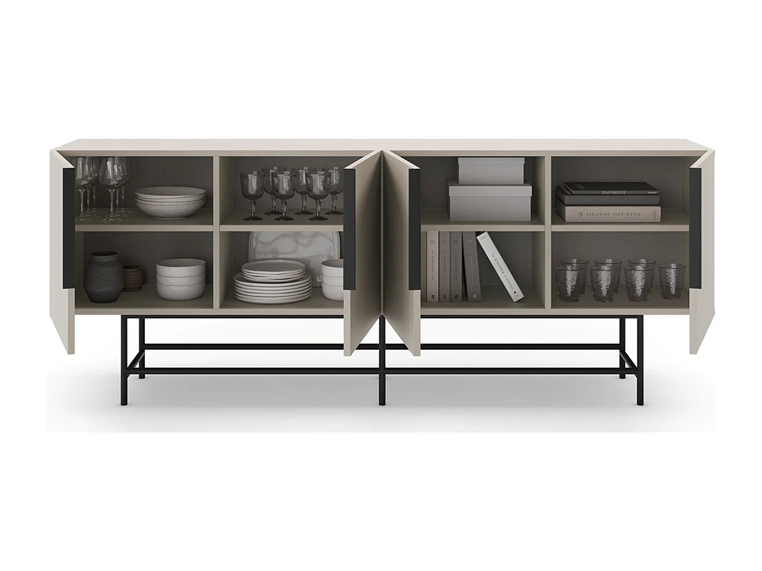 Meuble TV, Meuble de salon aspect bois coloris crème, pieds en métal noir - Longueur 200 x Profondeur 40 x Hauteur 77,90 cm