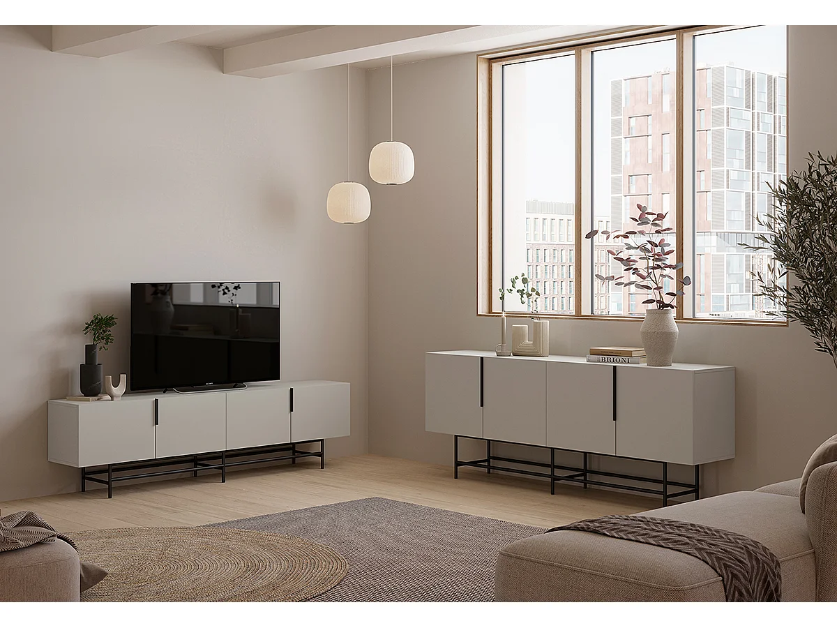 Meuble TV, Meuble de salon aspect bois coloris crème, pieds en métal noir - Longueur 200 x Profondeur 40 x Hauteur 77,90 cm