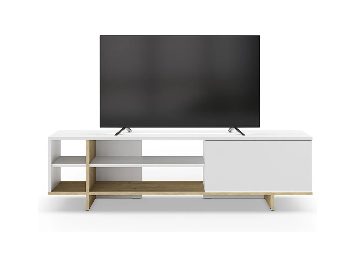 Meuble TV, meuble de salon aspect bois avec 1 porte et 4 niches coloris blanc, chêne- Longueur 160 x Profondeur 35,60 x Hauteur 44 cm