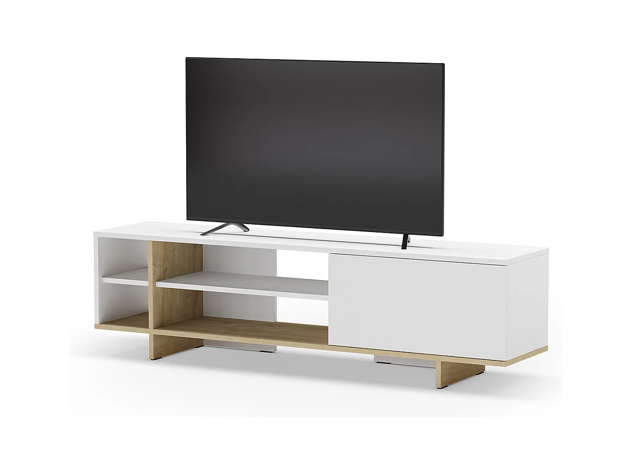 Meuble TV, meuble de salon aspect bois avec 1 porte et 4 niches coloris blanc, chêne- Longueur 160 x Profondeur 35,60 x Hauteur 44 cm