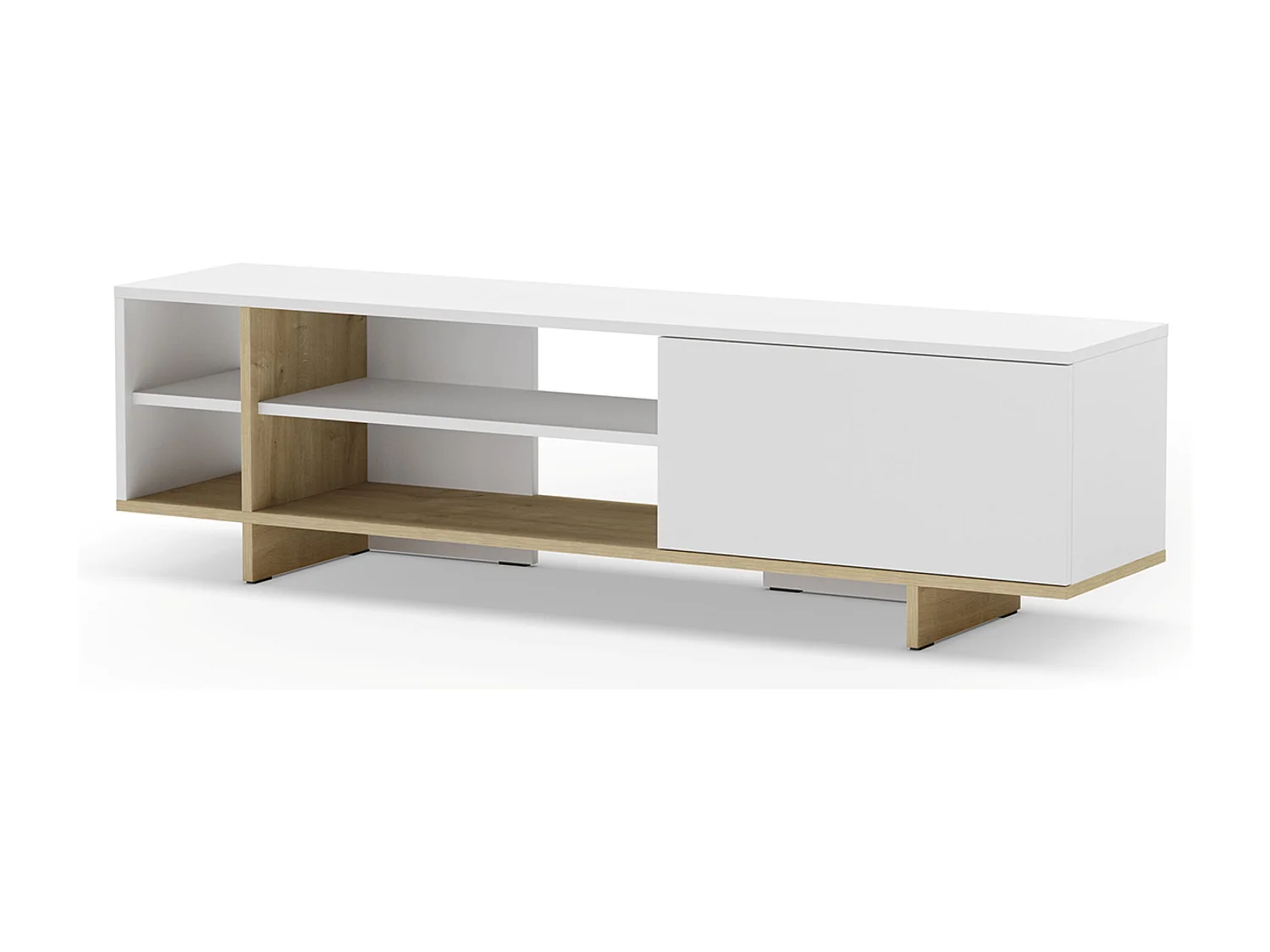 Meuble TV, meuble de salon aspect bois avec 1 porte et 4 niches coloris blanc, chêne- Longueur 160 x Profondeur 35,60 x Hauteur 44 cm
