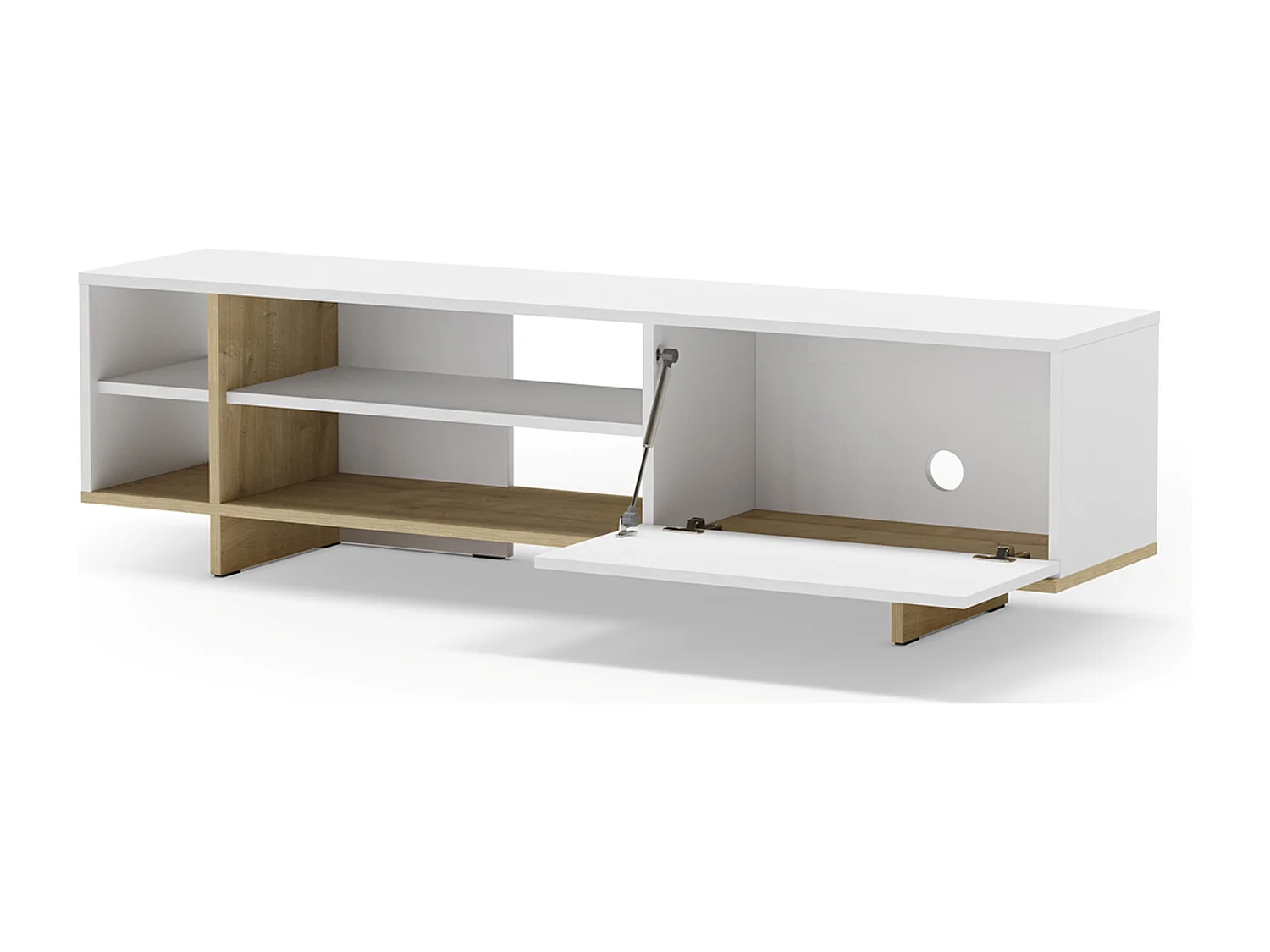Meuble TV, meuble de salon aspect bois avec 1 porte et 4 niches coloris blanc, chêne- Longueur 160 x Profondeur 35,60 x Hauteur 44 cm