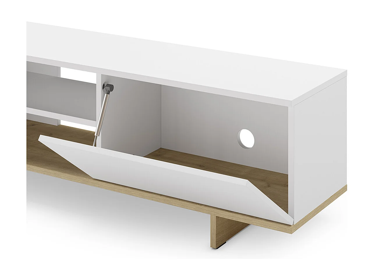 Meuble TV, meuble de salon aspect bois avec 1 porte et 4 niches coloris blanc, chêne- Longueur 160 x Profondeur 35,60 x Hauteur 44 cm