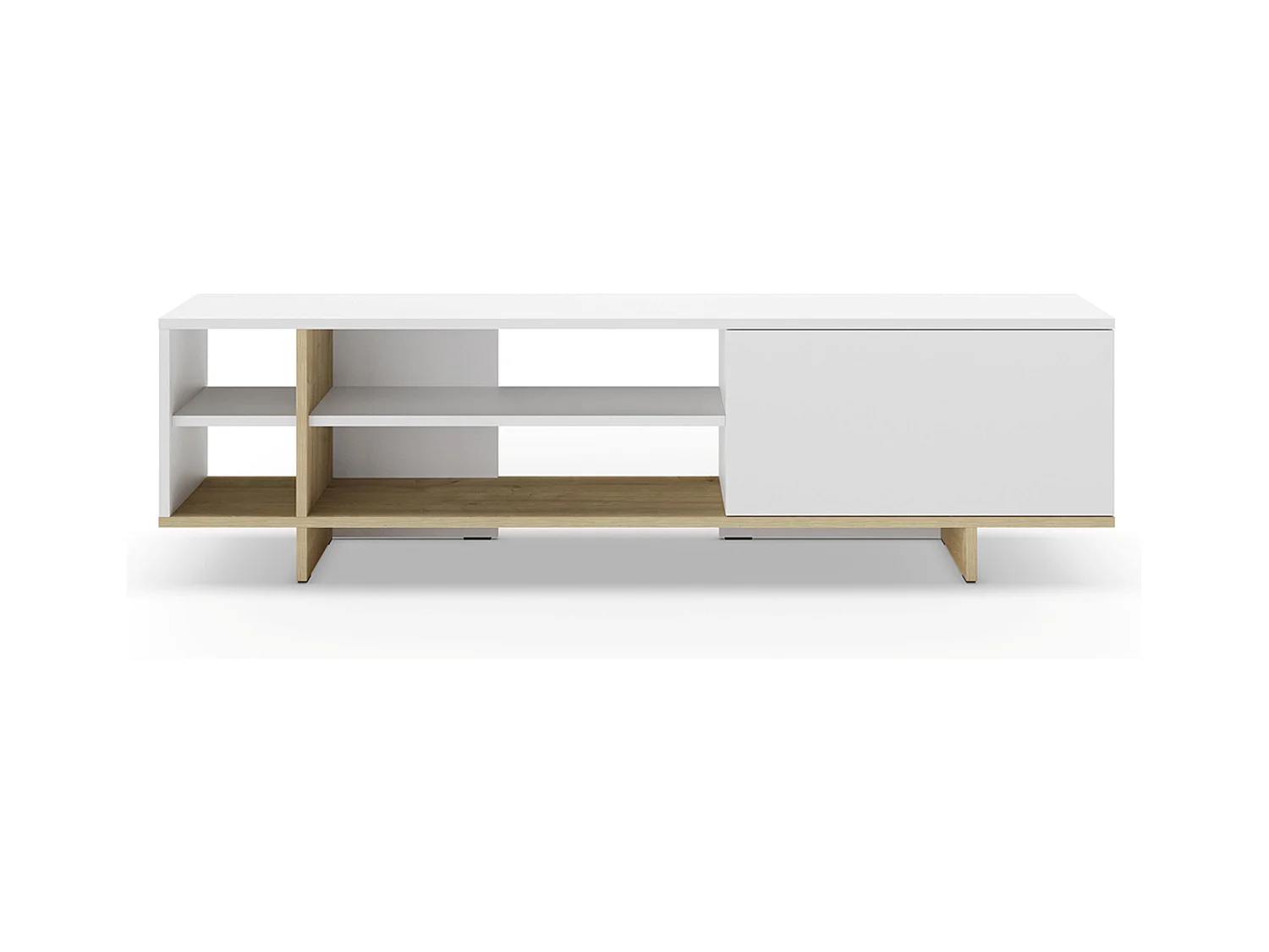 Meuble TV, meuble de salon aspect bois avec 1 porte et 4 niches coloris blanc, chêne- Longueur 160 x Profondeur 35,60 x Hauteur 44 cm