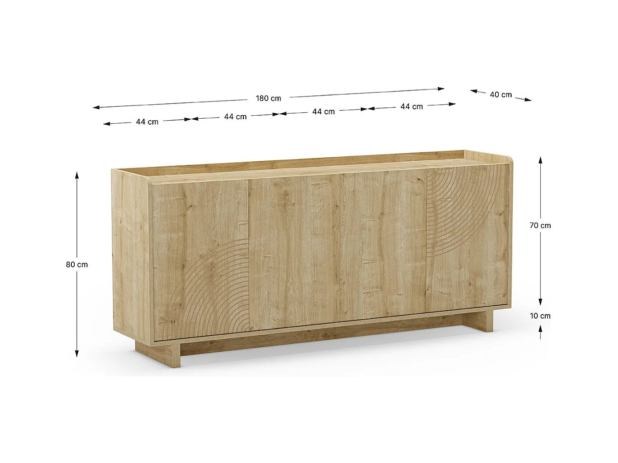 Meuble TV, meuble de salon avec 4 portes aspect bois coloris chêne - Longueur 180 x Profondeur 40 x Hauteur 80 cm