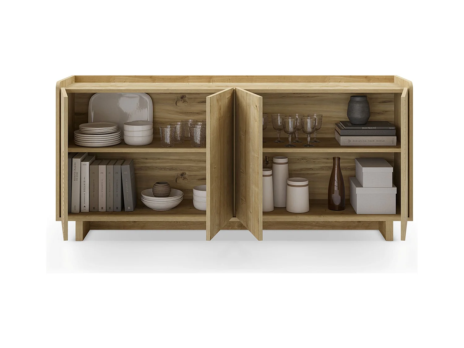 Meuble TV, meuble de salon avec 4 portes aspect bois coloris chêne - Longueur 180 x Profondeur 40 x Hauteur 80 cm
