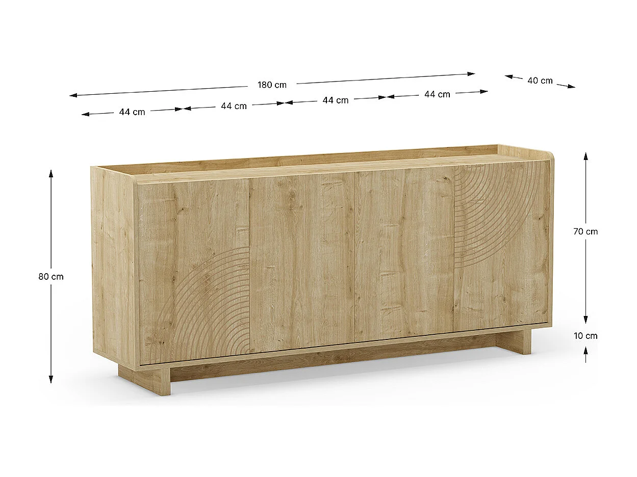 Meuble TV, meuble de salon avec 4 portes aspect bois coloris chêne - Longueur 180 x Profondeur 40 x Hauteur 80 cm