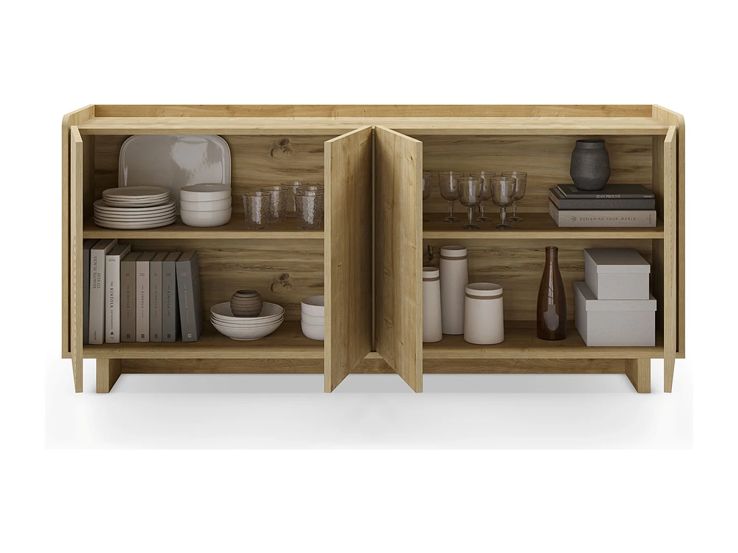 Meuble TV, meuble de salon avec 4 portes aspect bois coloris chêne - Longueur 180 x Profondeur 40 x Hauteur 80 cm