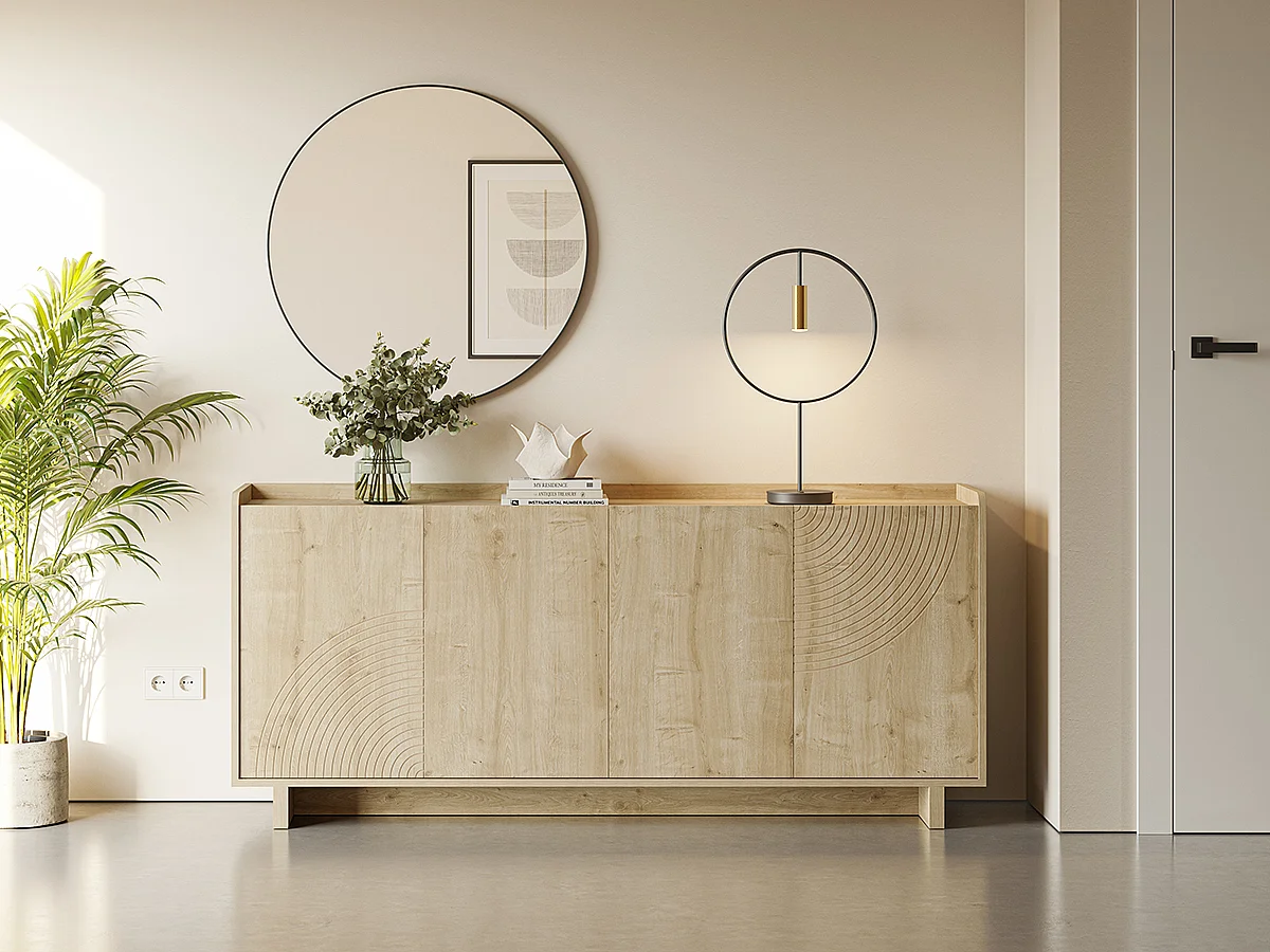 Meuble TV, meuble de salon avec 4 portes aspect bois coloris chêne - Longueur 180 x Profondeur 40 x Hauteur 80 cm