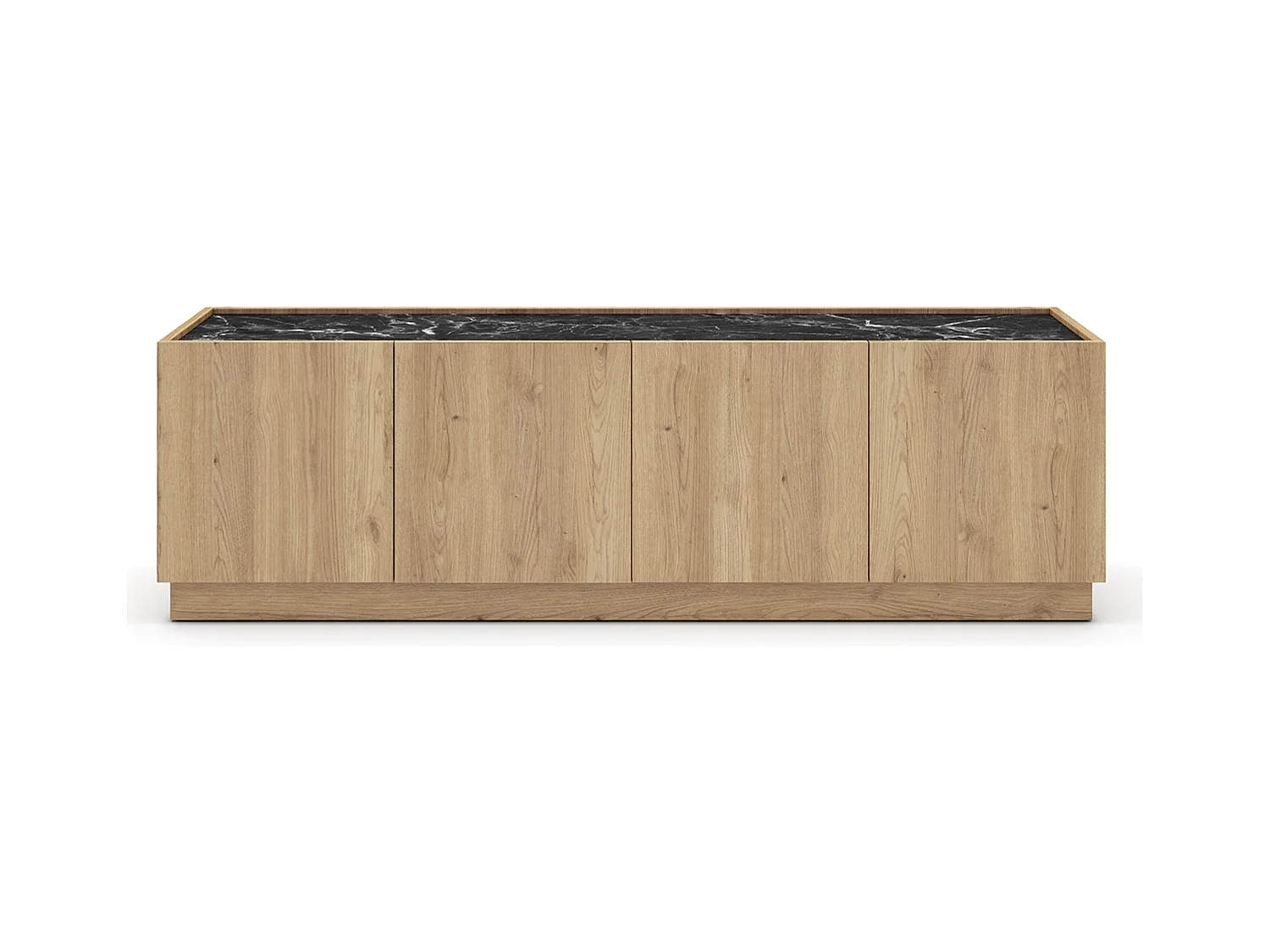 Meuble TV, meuble de salon avec 4 portes aspect bois coloris naturel et effet marbre noir - Longueur 160 x Profondeur 41,8 x Hauteur 48 cm