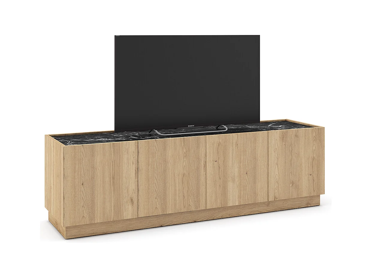 Meuble TV, meuble de salon avec 4 portes aspect bois coloris naturel et effet marbre noir - Longueur 160 x Profondeur 41,8 x Hauteur 48 cm