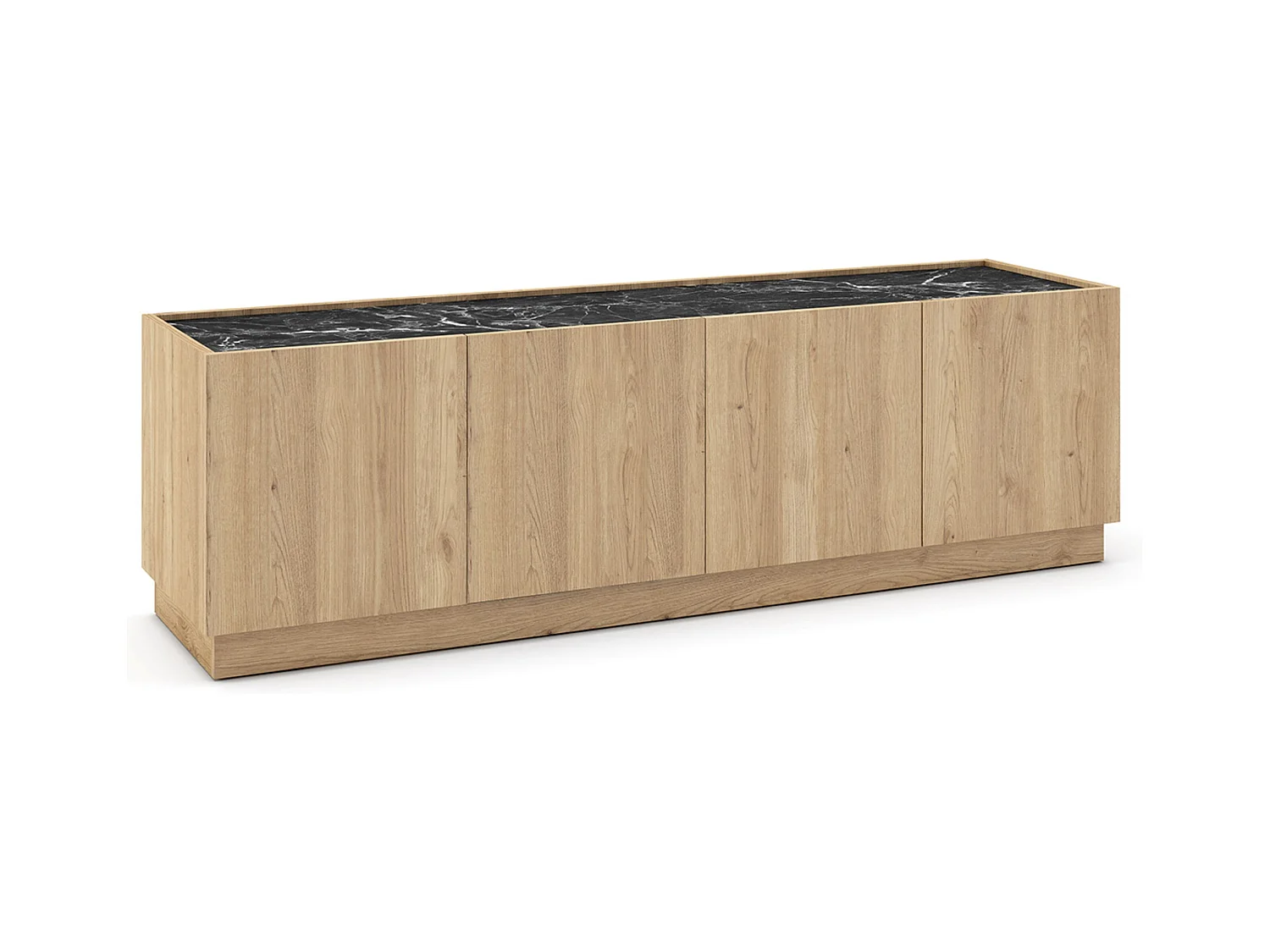 Meuble TV, meuble de salon avec 4 portes aspect bois coloris naturel et effet marbre noir - Longueur 160 x Profondeur 41,8 x Hauteur 48 cm