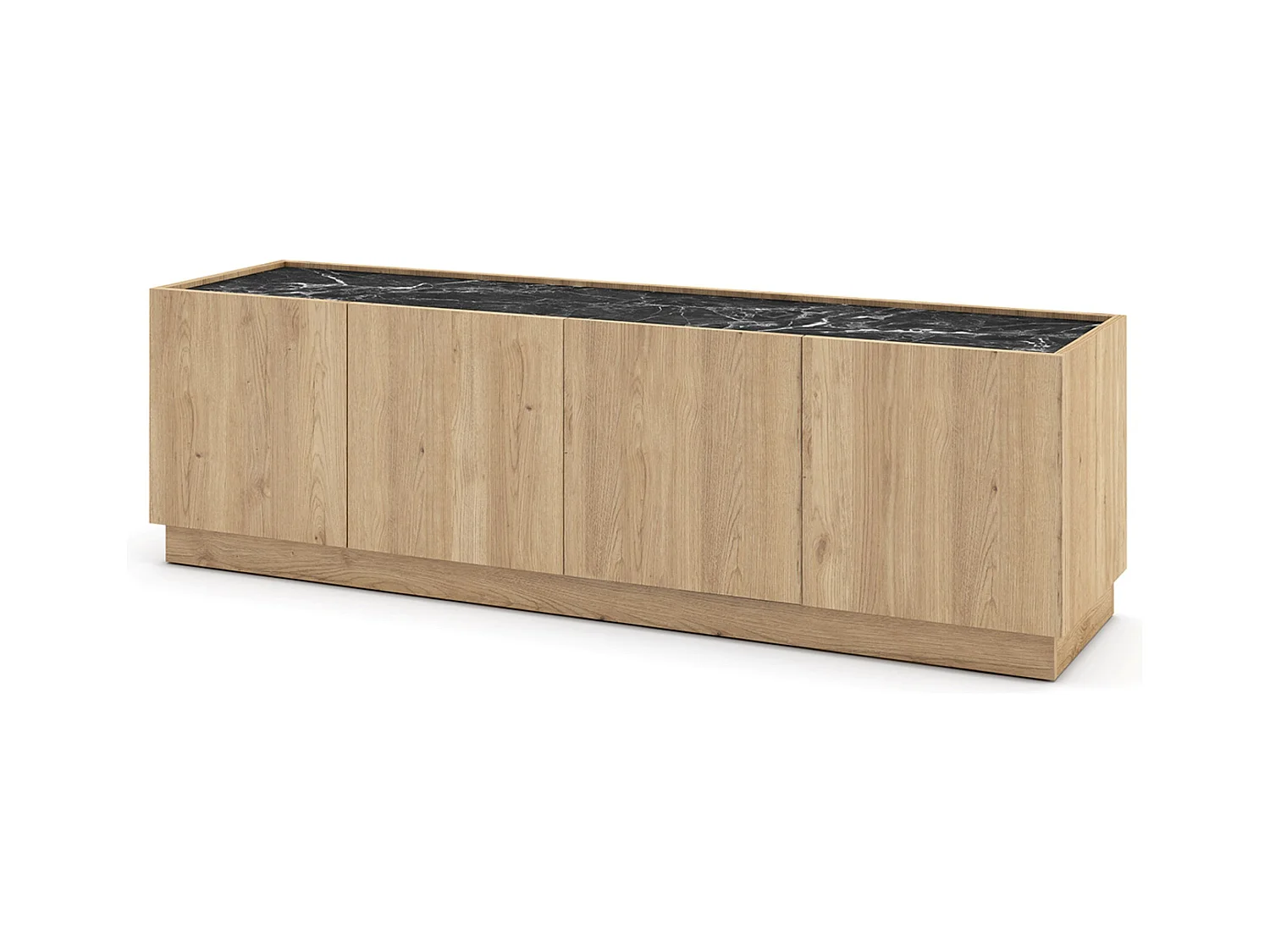Meuble TV, meuble de salon avec 4 portes aspect bois coloris naturel et effet marbre noir - Longueur 160 x Profondeur 41,8 x Hauteur 48 cm