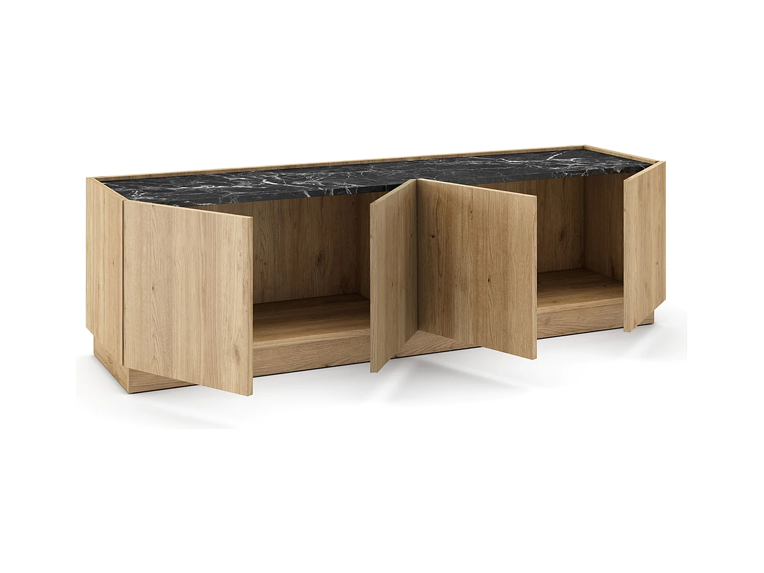Meuble TV, meuble de salon avec 4 portes aspect bois coloris naturel et effet marbre noir - Longueur 160 x Profondeur 41,8 x Hauteur 48 cm