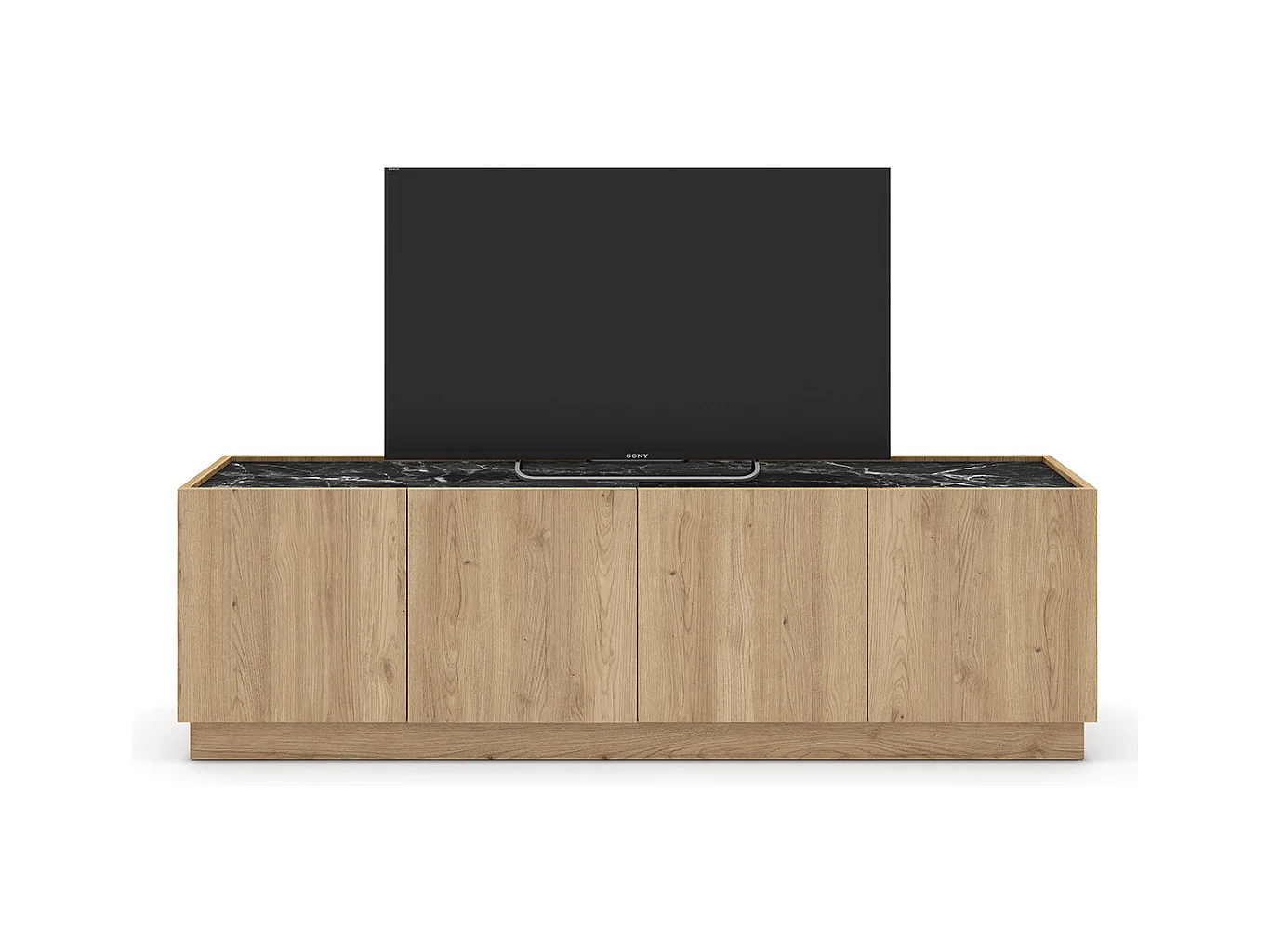 Meuble TV, meuble de salon avec 4 portes aspect bois coloris naturel et effet marbre noir - Longueur 160 x Profondeur 41,8 x Hauteur 48 cm