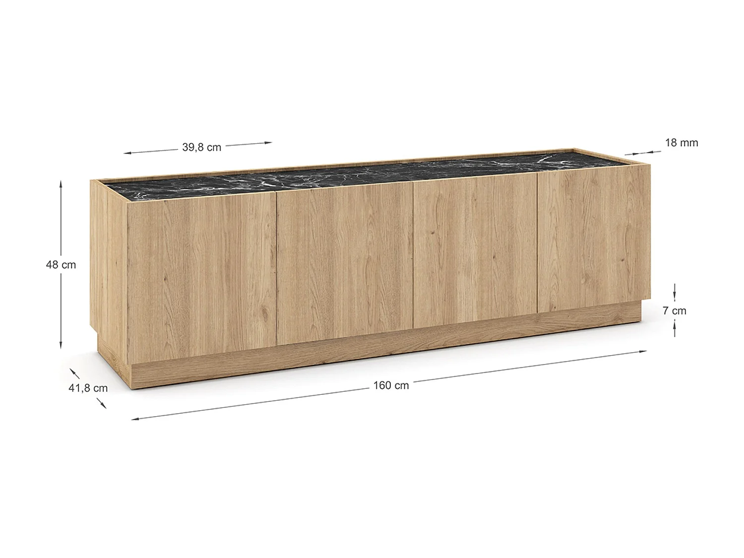 Meuble TV, meuble de salon avec 4 portes aspect bois coloris naturel et effet marbre noir - Longueur 160 x Profondeur 41,8 x Hauteur 48 cm