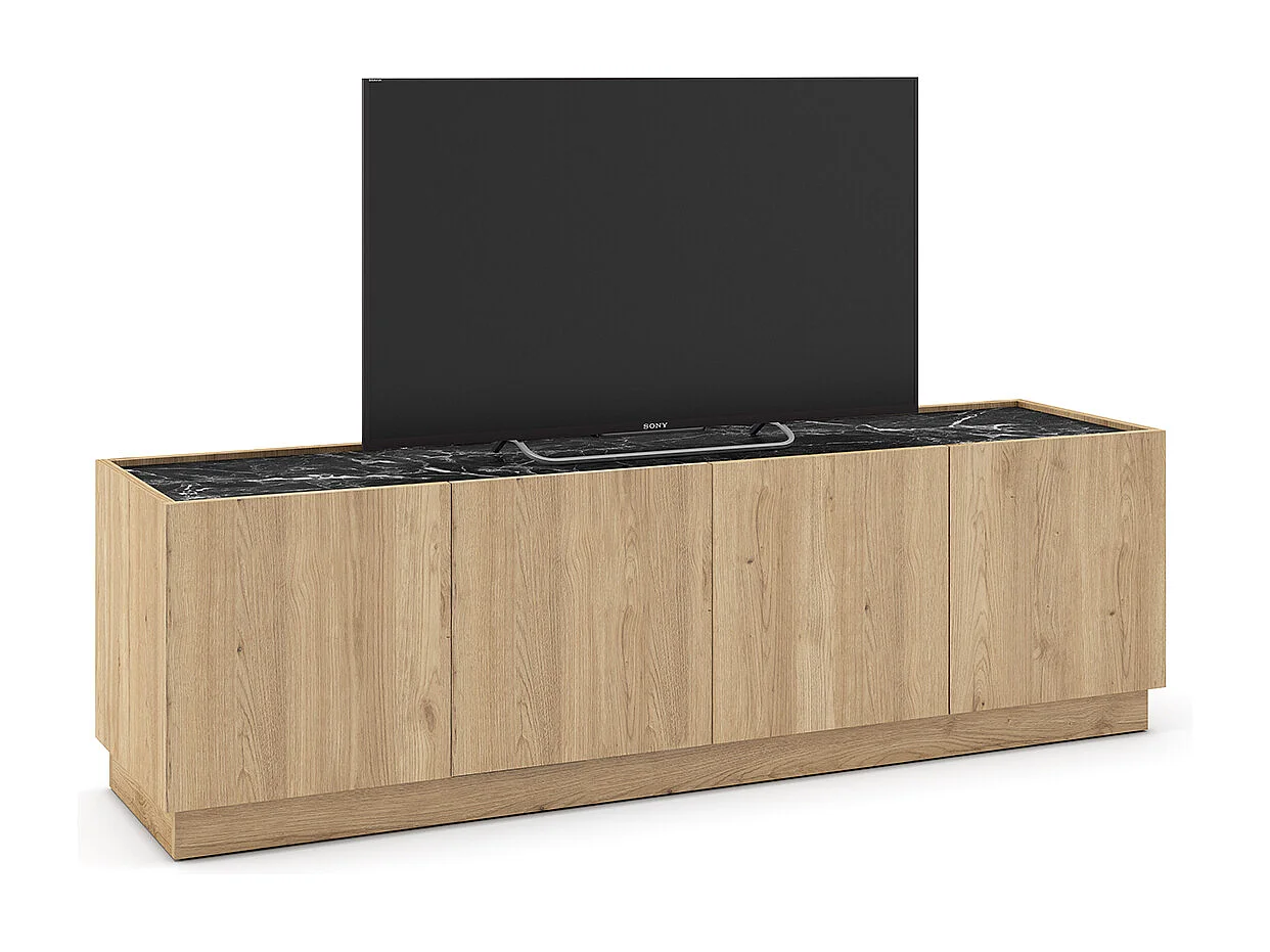 Meuble TV, meuble de salon avec 4 portes aspect bois coloris naturel et effet marbre noir - Longueur 160 x Profondeur 41,8 x Hauteur 48 cm