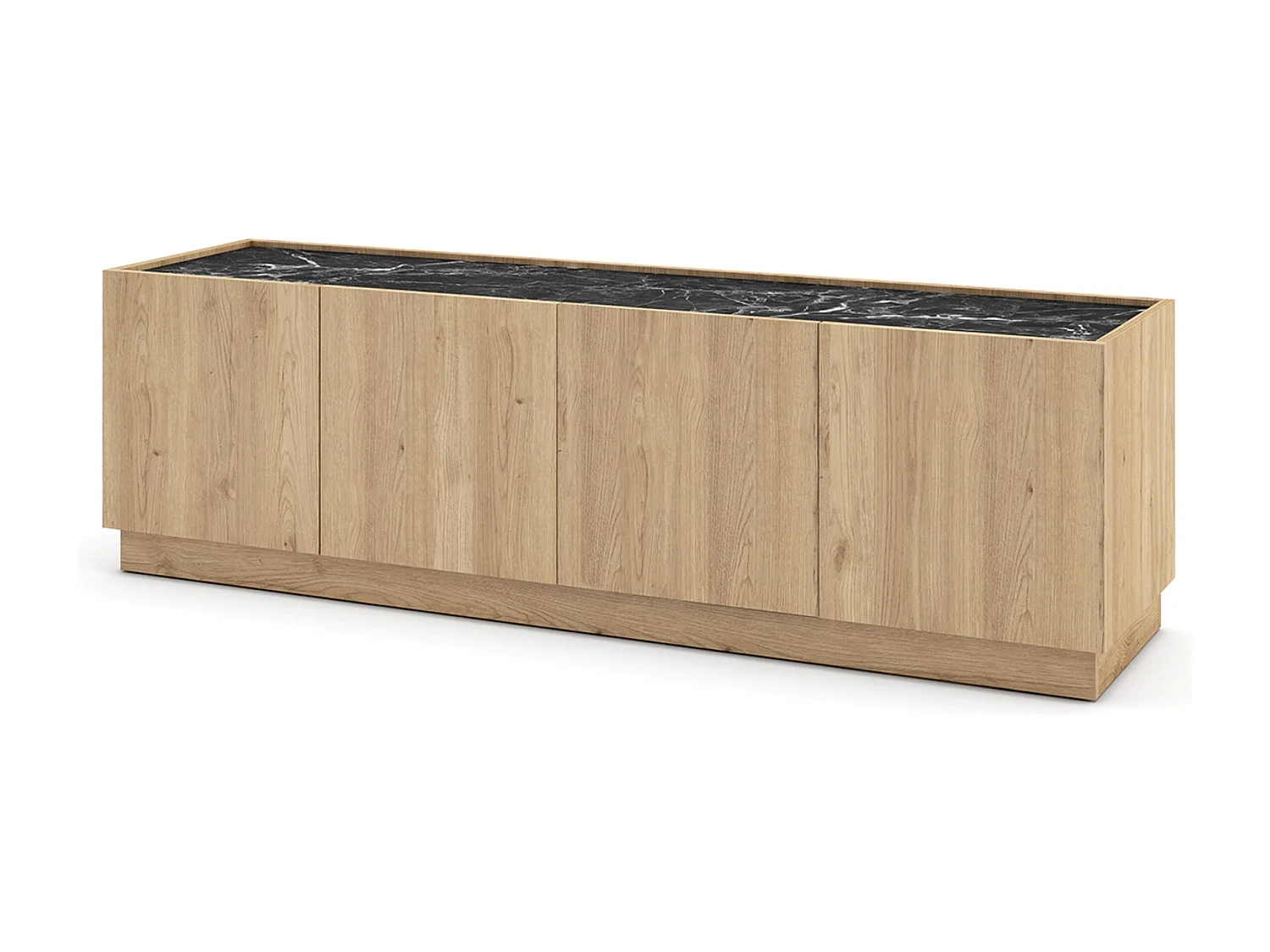 Meuble TV, meuble de salon avec 4 portes aspect bois coloris naturel et effet marbre noir - Longueur 160 x Profondeur 41,8 x Hauteur 48 cm